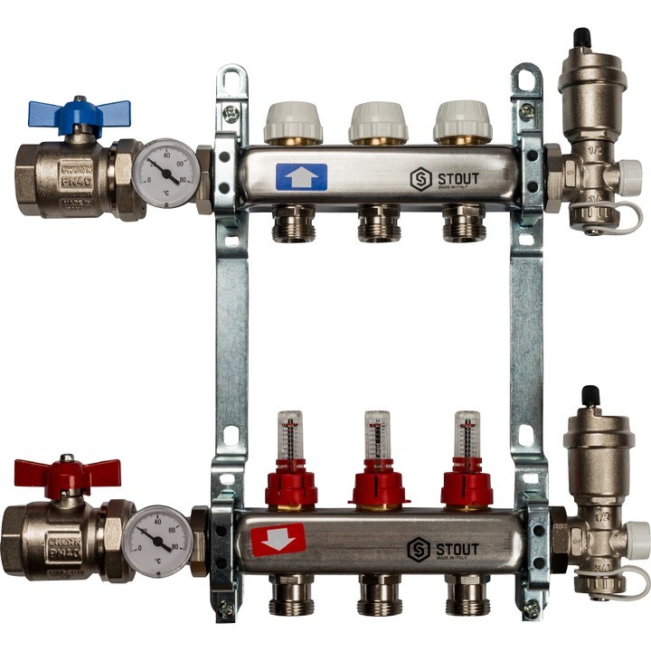 Коллектор из нержавеющей стали в сборе с расходомерами на 3 выхода Stout SMS 0907 000003