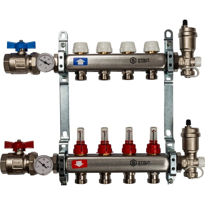 Коллектор из нержавеющей стали в сборе с расходомерами на 4 выхода Stout SMS 0907 000004