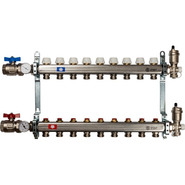 Коллектор из нержавеющей стали в сборе без расходомеров на 9 выходов Stout SMS 0912 000009