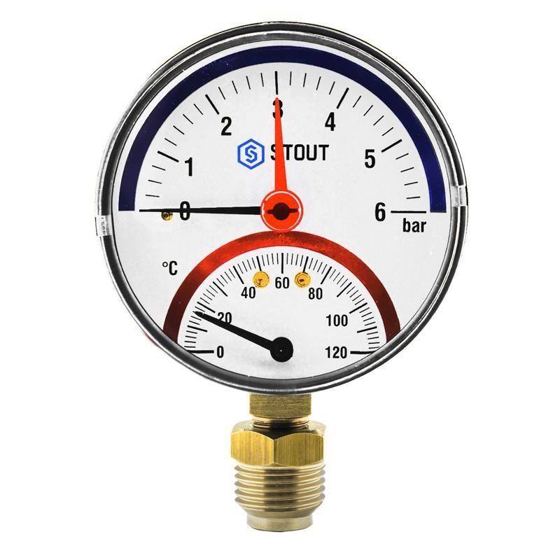Термоманометр радиальный (корпус Dn 80 мм, шкала 0-6 бар, 0-120°С, 1/2") с автоматическим запорным клапаном Stout