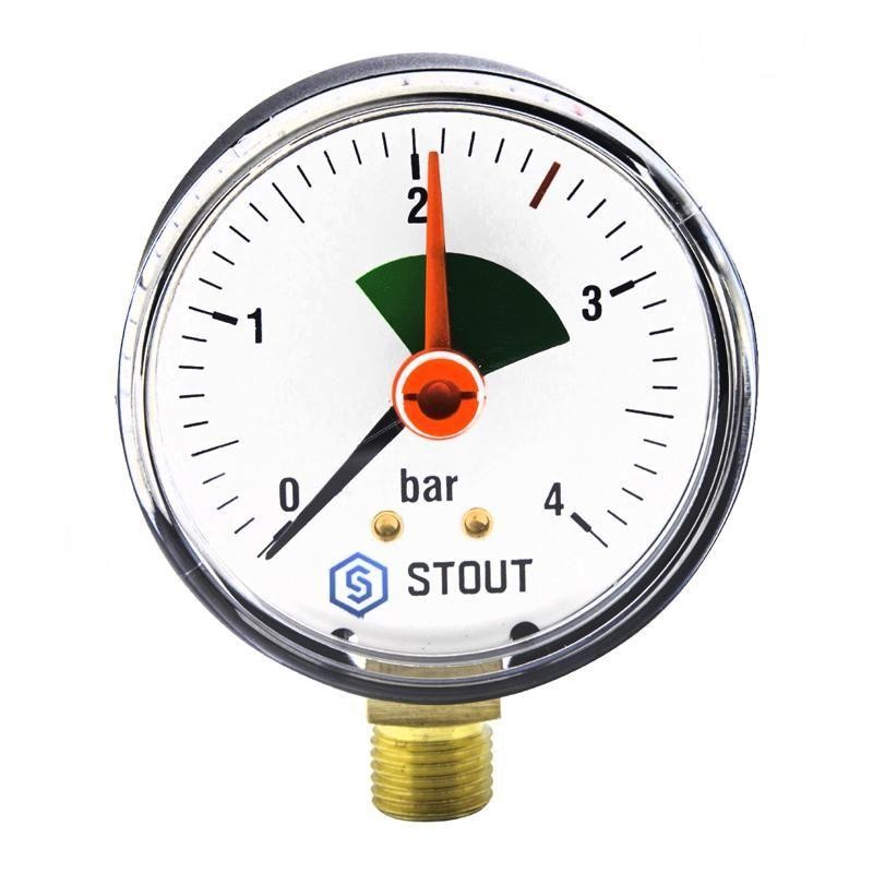 Манометр радиальный с указателем предела (корпус Dn 63 мм, шкала 0-4 бар, 1/4") Stout
